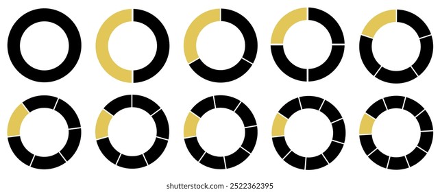 Um gráfico redondo segmentado. Dividido em 1-10 partes. Ícones de círculo segmentado para infográfico, análise de dados, web design, ui ou apresentação. Amarelo e preto.