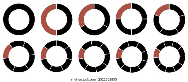 Um gráfico redondo segmentado. Dividido em 1-10 partes. Ícones de círculo segmentado para infográfico, análise de dados, web design, ui ou apresentação. Vermelho e preto.