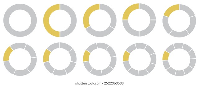 Um gráfico redondo segmentado. Dividido em 1-10 partes. Ícones de círculo segmentado para infográfico, análise de dados, web design, ui ou apresentação. Amarelo e cinza.