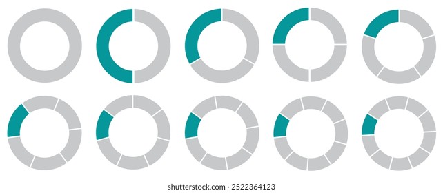 Um gráfico redondo segmentado. Dividido em 1-10 partes. Ícones de círculo segmentado para infográfico, análise de dados, web design, ui ou apresentação. Cinza e verde.