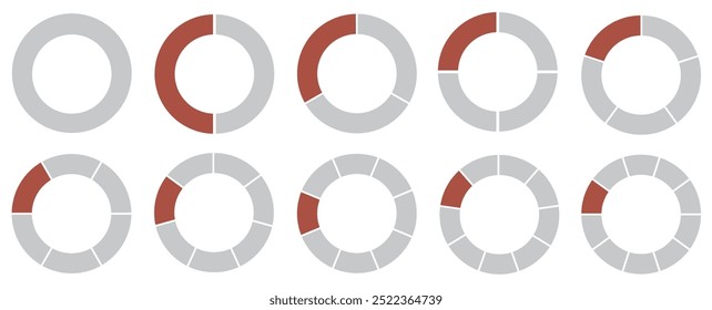 Um gráfico redondo segmentado. Dividido em 1-10 partes. Ícones de círculo segmentado para infográfico, análise de dados, web design, ui ou apresentação. Cinza e vermelho.