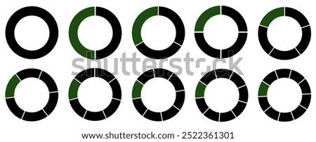 A round segmented chart. Divided into 1-10 parts. A diagram with a hole in the middle. Segmented circle icons for infographic, data analysis, web design, ui or presentation. Green and black.