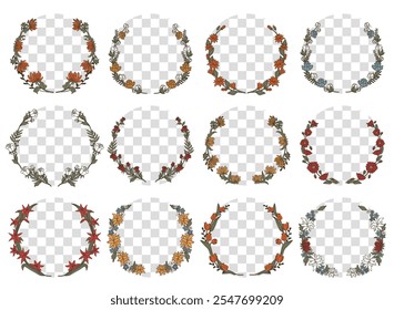 round semi-frames of different colors. Floral decor for a round shape. Collection of vintage flowers. Flat vector illustration, eps10