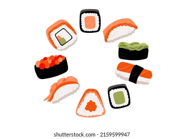 Round Set for advertisement sushi, rolls, nigiri, sashimi, nigiri, maki, gunkan, uramaki with tuna, shrimp, salmon, tempura, seaweed, caviar, wasabi and soy souse. Japanese style. Vector illustration