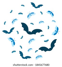 Round set with bats and  moths on white. Isolated night animals flying. Dark blue palette. Hand drawn illustration.