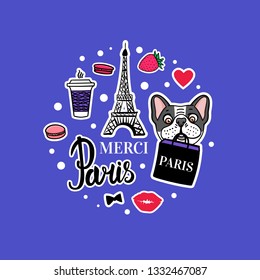 Round set French Bulldog set. Eiffel Tower and cute dog faces. Vector hand drawn Sticker. Paris shopping bag. Sticker on black