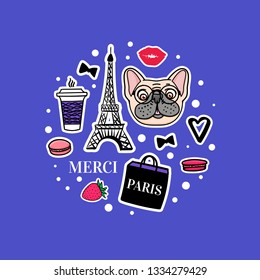 Round set French Bulldog set. Eiffel Tower and cute dog faces. Vector hand drawn Sticker. Paris shopping bag. Sticker on blue