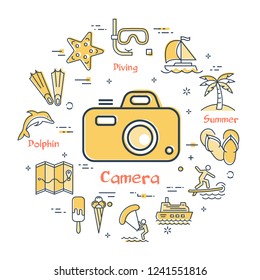 Round set of linear icons of yellow color showing concept of summer activities and traveling isolated on white background. Icon of photographic camera in center
