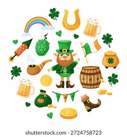 Dia de São Patrício. Leprechaun, cerveja, moedas, ferradura, trevo e arco-íris sobre fundo branco. Cartão comemorativo de feriado. Ilustração de vetor desenhada à mão.