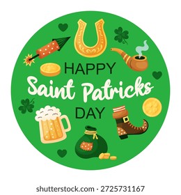 Conjunto redondo del día de San Patricio. Herradura, cerveza, pipa, moneda de oro, saco y bota sobre fondo verde. Tarjeta de felicitación de Festiva. Ilustración vectorial dibujada a mano.