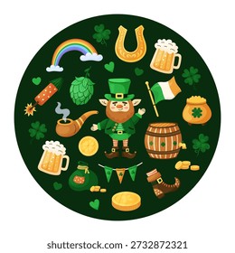 Conjunto redondo del día de San Patricio. Leprechaun, cerveza, monedas, herradura, trébol y arco iris sobre fondo verde oscuro. Tarjeta de felicitación de Festiva. Ilustración vectorial dibujada a mano.
