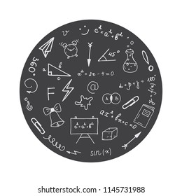 
Round set of school thematic items of subject mathematics, black  chalky back to school background,   vector hand draw illustration 
