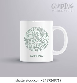 Conjunto redondo de iconos lineales delgados sobre el tema de camping y Ocio al aire libre. Concepto de camping con maqueta de taza. Ilustración vectorial