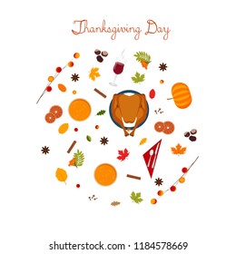 Round set of traditional thanksgiving dinner, vector hand draw illustration 
