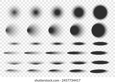 Round shadow with soft edges isolated on transparent background. Realistic oval or ellipse shadow effect with different light illumination angles for web design element. Template shadow soft