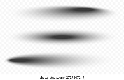 Round shadows set. Realistic shadow drop of objects in different angles. Light effect of shadows on transparent background for mockup design, overlay and product display. Vector illustration.