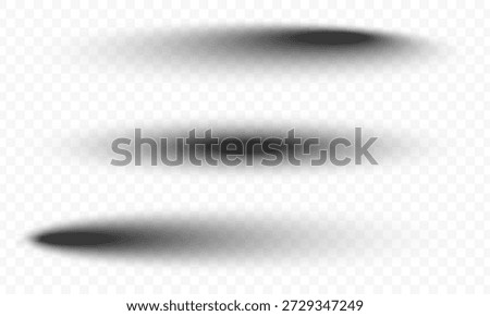Round shadows set. Realistic shadow drop of objects in different angles. Light effect of shadows on transparent background for mockup design, overlay and product display. Vector illustration.