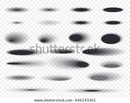 Round shadows vector set on transparent background. Oval or ellipse shadow effect with different light illumination angles for web design element