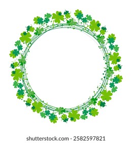 Round shamrock clover border, frame for st. Patrick's day decoration isolated on transparent background. A wreath of clover leaves.
