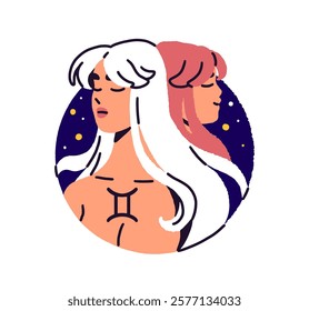 Round shape avatar of Gemini zodiac sign. Circle icon of constellation symbol of horoscope with two women. Esoteric element of stars' calendar, astrology. Flat isolated vector illustration on white