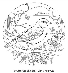 In the round shape beautiful bird sit in tree brunch, coloring page