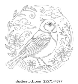 In the round shape beautiful nature bird illustration coloring page