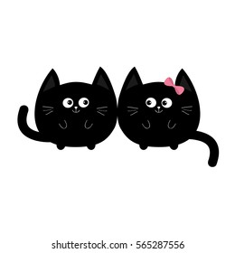 Round shape black cat icon. Love family couple. Boy Girl Cute funny cartoon smiling character. Kawaii animal. Happy emotion. Kitty kitten Baby pet collection. White background. Isolated. Flat Vector
