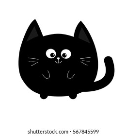 Round shape black cat icon. Cute funny cartoon smiling character. Kawaii animal. Tail, whisker, eyes. Happy emotion. Kitty kitten Baby pet collection. White background. Isolated. Flat design. Vector