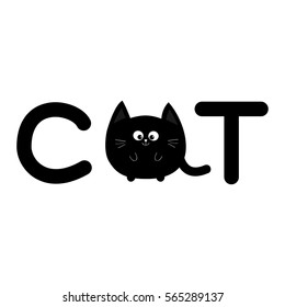 Round shape black cat text icon. Lettering. Cute cartoon character. Kawaii animal. Big tail, whisker, eyes. Happy emotion. Kitty kitten Baby pet collection. White background. Isolated. Flat Vector