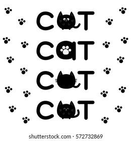 Round shape black cat text icon set. Lettering Paw print Cute cartoon character. Kawaii animal. Big tail, whisker, eyes. Kitty kitten Baby pet collection. White background Isolated Flat Vector