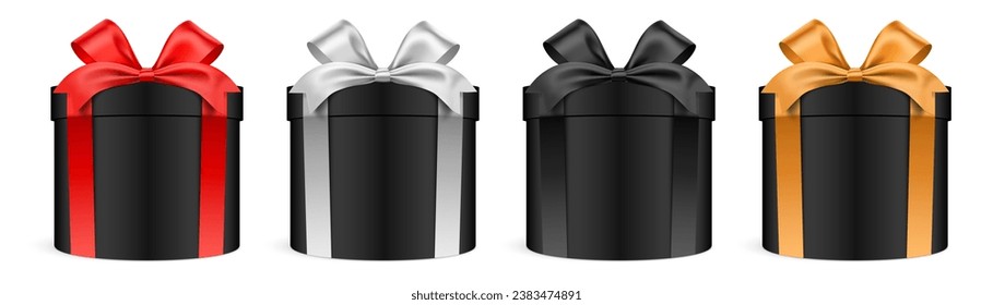 Cajas de regalo de forma redonda de color negro con cintas coloridas, aisladas en el fondo. Conjunto de caja de cambios magnético, ilustración vectorial.