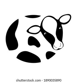 Forma redonda vaca linda, negra y blanca, aislada en un fondo blanco. Logo de la leche orgánica. Ilustración vectorial de material.