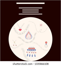Round shape with chain and pendants illustration hand drawn. Space for your text. Poster, banner vector design, greeting cards, jewellery store advertisements. Vector illustration.