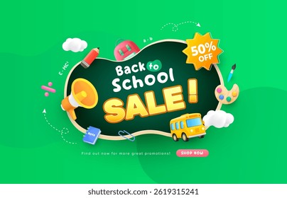 Round shape chalkboard of green back to school design with school stationery elements. 3d sale concept elements. Vector illustration template for banner, web and promotion.