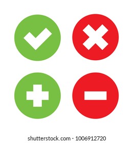 Round shape checkmark cross plus
minus icons, green & red signs flat design pictogram concept vector for app ads web banner button ui ux interface elements isolated on white background