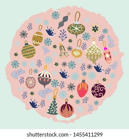 Round shape with Christmas tree decorations on pink texture background. Vector.
