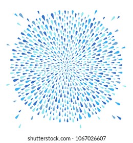 Round shape, circle made of uneven water drops, droplets, raindrops, tears of various size. Radial template for borders, frames, design element. Shades of blue abstract rainy background.