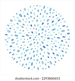 Round shape, circle made of various blue chaotic radial doodle circles, uneven dots, scribbles, strokes, tiny spots, splashes. Hand drawn decoration, text frame template, abstract background, pattern.