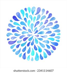 Round shape, circle made of watercolor vector water drops, hand drawn blue droplets, watercolour raindrops. Radial pattern, border, frame template, aquatic design element. Autumn aquarelle background.