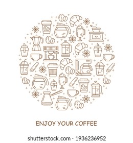 Round shape coffee pattern with line style icons. Coffee shop or cafe background, flyer, label, banner. Cafe menu.	