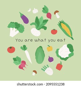 Colección redonda de verduras con texto. Diseño de plantilla cuadrada para medios sociales, mercado de verduras, volante, impresión, envasado, tarjeta. El concepto de jardinería o agricultura. Ilustración plana vectorial.