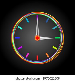 Round shape of colorful clock face with simple analog on black background.  The gray arrow clock hands show 3 o'clock.