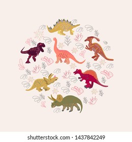 Round shape with colourful dinosaurs. Cute clip art with copyspace. Greeting card, poster design element. 
