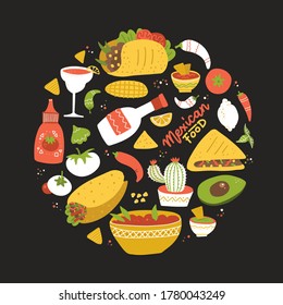 Round shape composition with Taste of Mexico. Setof different mexican food in circle. Vector flat hand drawn illustration. Black backdrop. Taste of Mexico