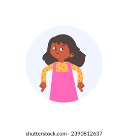 Forma redonda con una linda niña sonriente señala con el dedo el estilo plano, ilustración vectorial aislada en el fondo blanco. Elemento de diseño decorativo, avatar, carácter amigable