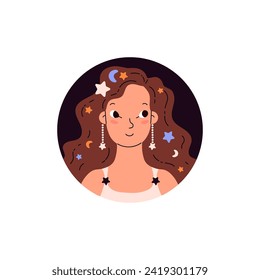 Round shape with cute smiling girl flat style, vector illustration isolated on white background. Decorative design element, young woman with stars in hairs, astrology and esoteric symbol