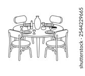 Round shape dining table with four chairs line art 