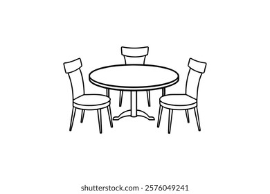 Round shape dining table with four chairs line art vector