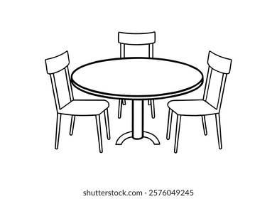 Round shape dining table with four chairs line art vector