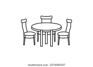Round shape dining table with four chairs line art vector